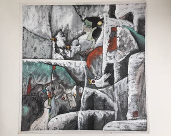 Sereal painting- Girl with wolves and birds