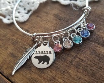 mama bear bracelet, personalized gift for mom, mother birthstone bracelet, mama bear bangle bracelet, build your own bracelet