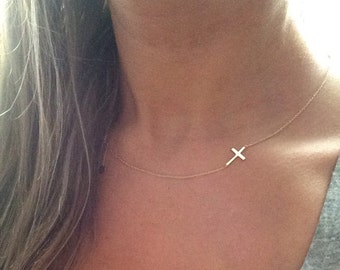 14k solid gold sideways cross necklace minimalist necklace 14k gold necklace cross necklace
