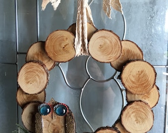 12 inch Wood slice owl with pinecone wreath