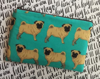 Pug zipper pouch - Dog lovers bag - dog gifts - pug bag- pug mom gift - pug love - small clutch - zip pouch - pug coin pouch - pugs