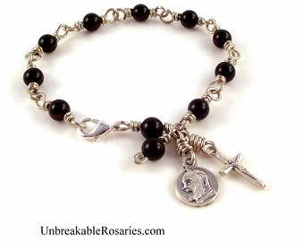 St Padre Pio Rosary Bracelet Wire Wrapped Black Onyx by Unbreakable Rosaries
