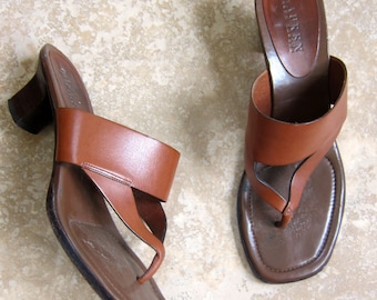 Vintage 1990s Chunky Heel Slides by Ralph Lauren / 90s Designer Brown Leather Mules Shoes Size 9 1/2 B