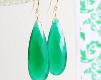 Long Faceted Green Onyx Teardrop Earrings
