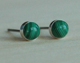 Malachite Gemstone 5mm Bezel Set on Niobium or Titanium Posts (Hypoallergenic Stud Earrings for Sensitive Ears)