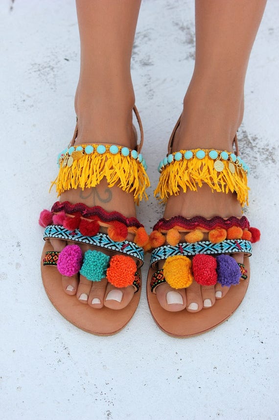 Pom pom Sandals Greek leather sandals Boho chic sandals