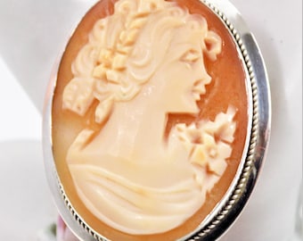 Sterling Cameo Brooch Pendant, Carved Shell, Made in Italy, Vintage Brooches