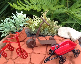 Miniature Toys, Fairy Garden Accessory, Miniature Wagon, Miniature Tricycle, Miniature Scooter. Gnome Garden Accessory