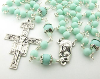 Franciscan Crown Rosary - Catholic Rosary Beads - Unbreakable Seven Decade Mint Green Rosary - San Damiano Cross - Catholic Gift