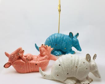 Ceramic Armadillo Miniature Statue - Photo Holder - Recipe Holder - Note Holder