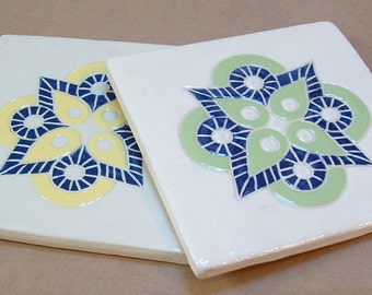 Tile Coaster set of 2 handmade medallion tile coasters, yellow, lime, blue medallion Christmas gift set