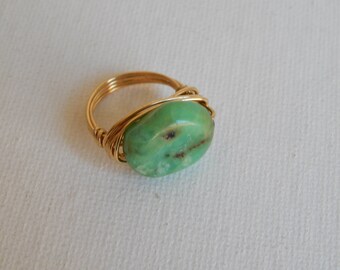 Gold wire wrapped chrysoprase ring, festival chic jewelry, beach chic, handmade, anti tarnish wire ring, summer jewelry, ooak jewelry