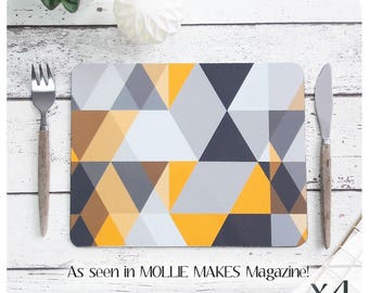 Scandi Geometric Placemats (4) - Scandi triangle Print - Grey and Mustard Placemats - Scandi Print Placemats - Scandinavian Modern - UK size