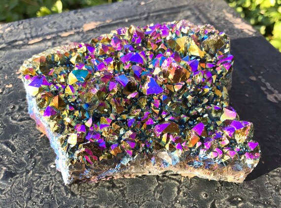 Titanium Aura Quartz Amethyst Cluster 740g, Rainbow Titanium Aura Quartz Slab, Aura Amethyst Cluster, Amethyst Cluster, Rainbow Aura Point