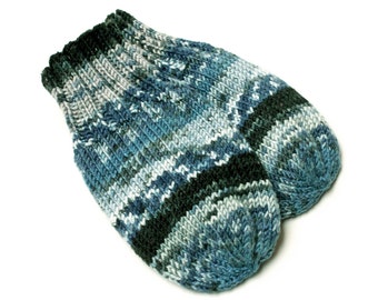 Wool-Free Thumbless Blue Baby Mittens. Hand Knit No Thumb Cordless Baby Mitts. Winter Mittens on String. Infant 9 to 12 Months Hand Warmers