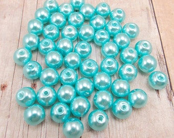 8mm Glass Pearls - Light Turquoise Blue - 50 pieces - Light Aqua - Dark Robin's Egg
