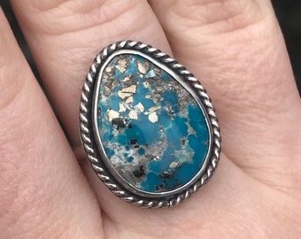 White Water Turquoise with Pyrite and Twisted Wire Sterling Silver Ring, US Size 7.25, Handmade