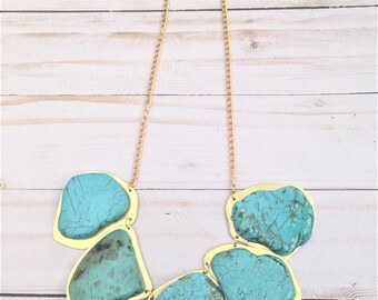 Turquoise Statement Necklace, Chunky Turquoise Necklace, Turquoise and Gold Necklace, Brass Necklace, Western Necklace, Tribal Necklace