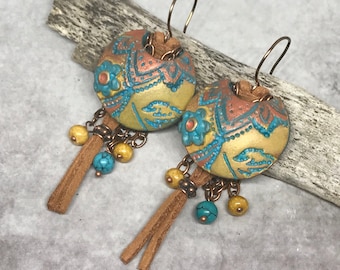 Boho Earrings, Bohemian Earrings, Earthy Earrings, Lotus Earrings, Boho Dangle Earrings, Bohemian Jewelry, Artisan Earrings, Flower, Hippie