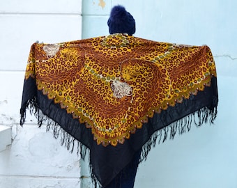 Pavlovo Posad shawl, Russian Wool shawl, Tablecloth, Scarf With Tassels, Animal print scarf, Leopard Brown Scarf, Women Accessories