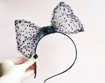 Big Bow headband. Black polka dot headband.