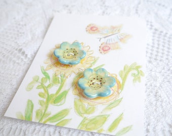2 Flower Buttons in Porcelain Ceramic Clay, Painted Blue Brown Green and Yellow