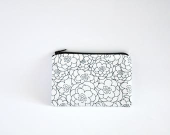 Small Coin Purse, Change Purse, Coin Pouch, Zipper Pouch, Makeup Pouch, Cosmetic Pouch, Card Pouch, Card Holder - Black & White Floral