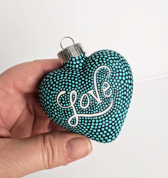 Love: hand painted glass heart ornament turquoise and white hand painted glass heart valentine hearts