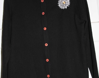 Black 100% Cashmere Cardigan w/ Vintage Silk Starburst Applique & Vintage Red Buttons sz M