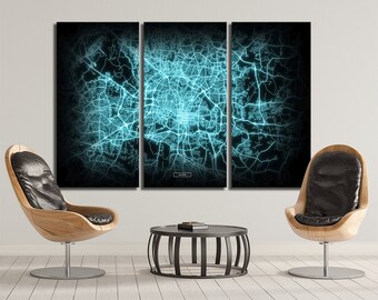 RALEIGH Map 3 Canvas Panel Raleigh North Carolina Night Lights Modul Map Oversized Horizontal Wall Art Map Modern Art Neon City Map NCM