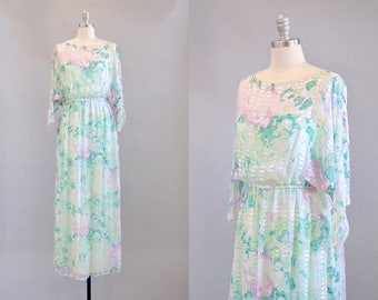 70s Dress // 1970s Sheer Silk Chiffon Floral Maxi w/ Slip // S-M