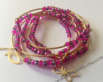 Pink and Purple crystal beaded charm bracelet set with gold plated charms- Semanario pulseras color rosas y purpuras con dijes chapa de oro