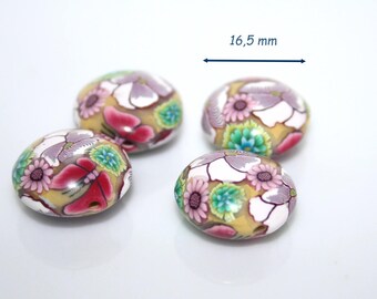 Lenses in polymer clay beads / floral pink and green / the pair
