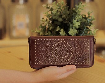 Mandala Bohemian Genuine Leather Women's Wallet Zipper Purse Phone Cards Dark Brown Purse Cards GIFT Women Wallet Smartphone Wallet