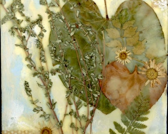 Encaustic art, Pressed flower art, Nature Collage, Farmhouse Decorating, Beeswax Collage, Country Decor, Dried Flowers
