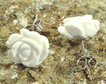 Genuine White Agate Stud Earrings - Silver Earrings - Sterling Silver 925 Earrings - 12 mm Carved Rose Earrings