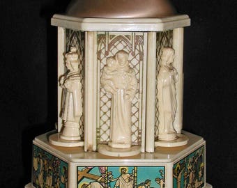 Swiss Harmony Roundelay Celluloid Vintage Music Box With Catholic Statues and Pictures