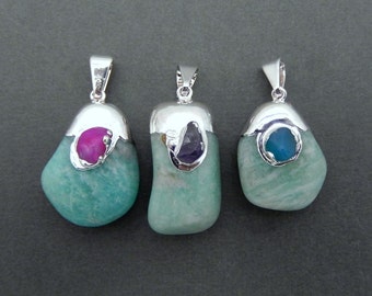 Natural Aqua Marine Pendant with Silver Electroplated Gemstone Accent Cap and Bail (S35B5b-13)
