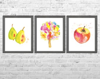 Kitchen Wall Art, Kitchen Paintings, Fruits Decor, Watercolor Print, Watercolor Painting, Fruits Art, Still Life, Set of 3 Fruits
