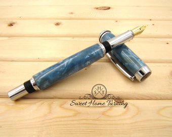 Fountain Pen | Handcrafted Fractured Glacier Fountain Pen | Hand Turned Baron Fountain Pen | Blue Baron Fountain Pen