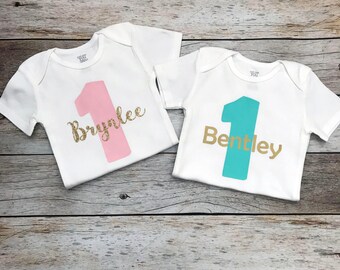 Twin First Birthday Boy/Girl Birthday Shirts with Names (Customize Your Colors), Twins First Birthday, Twin Birthday Shirts
