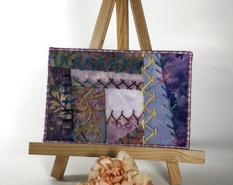Mauve Crazy Quilt Postcard, Hand Embroidered Postcard, One of a Kind Batik Fabric Postcard, Fibre Art Postcard, Textile Art Postcard
