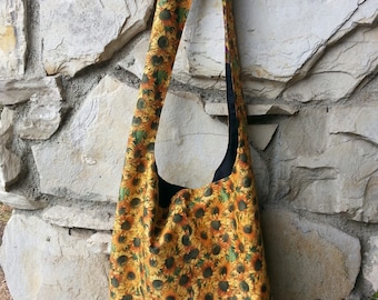 Sunflower Hobo Bag, boho bag, Bohemian bag, hipster bag, Reversible, across the body bag, slouch bag, handbag.