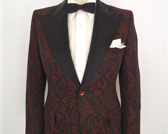 1960s Brocade Tuxedo Jacket with Peak Lapel / vintage red & black jacqard pattern dinner suit coat / After Six Rudofker tux / men's small