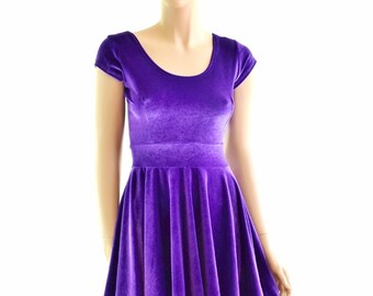 Purple Stretch Velvet Cap Sleeve Skater Dress Fit & Flare 152363