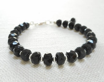 Black Czech Glass Bracelet, Beaded Bracelet, Faceted Glass Bead Bracelet, Czech Glass Jewelry, Simple Silver Bracelet, Jewelry Gift for Her