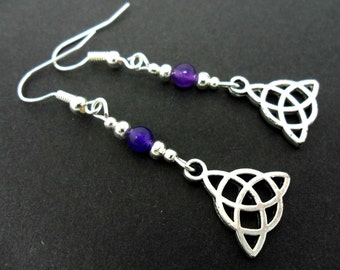 A pair of tibetan silver & purple jade bead celtic knot dangly earrings. new.