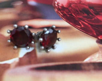 Vintage Turkish Garnet Post Earrings, Turkish Garnet Silver Stud Earrings, Antique Turkish Jewelry, Free Shipping