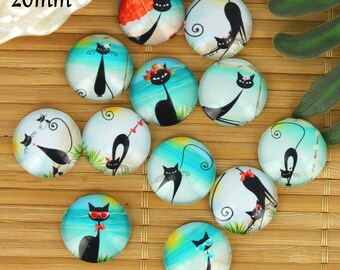 Set of 12 cabochons 20mm glass cat, vacation, beach, ZC3