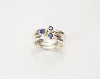 Hand Made Silver Stack Rings Set with Sapphires